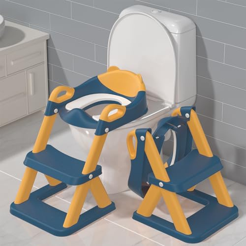 TuckInn Töpfchen Training Toilettensitz, Kleinkind Toilettensitz für Jungen, 2-in-1 Töpfchen Training Toilette mit Schritt Hocker Leiter weich gepolsterten Sitz Spritzschutz (Blau-Gelb)