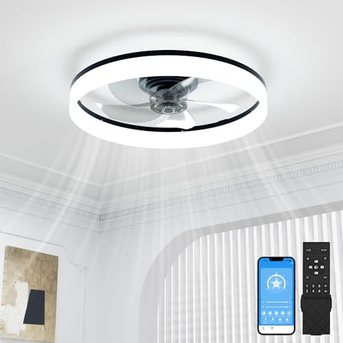 SUNKENET 50cm Black Ceiling Fan with Light with Remote, Ceiling Fan Light | 6 Speeds Fan Lights Ceiling for Bedroom,Quiet Light Fan Ceiling,3000K-6500K Dimmable Smart Modern LED Ceiling Fan with Lights