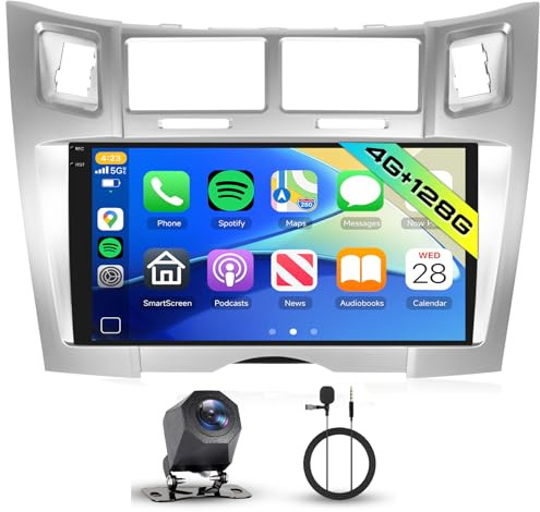 Hodozzy 4G+128G Android Autoradio per Toyota Yaris/Vizi 2005-2011 con Carplay Wireless Android Auto, 9 Pollici InCell Touch Schermo 2 Din Autoradio GPS Bluetooth DSP WiFi, Radio FM RDS, Telecamera