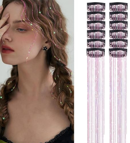 ZORVYN 12 Stück Hair Tinsel, Glitzer Haarsträhnen, Haar Lametta,Sparkle Tinsel Hair Extensions für Frauen Mädchen,Glitzer Haarsträhnen zum Flechten Haar Lametta