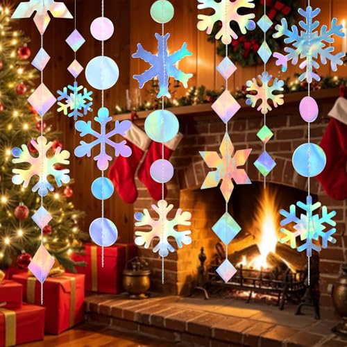 ZOCOYUU 150 m Winter-Wunderland-Party-Schneeflocken-Dekoration, Weihnachten, hängende Papierschlangen, Regenbogen-Wimpelkette, Banner, Hintergrund für Winter, Onederland, Weihnachten, Geburtstag