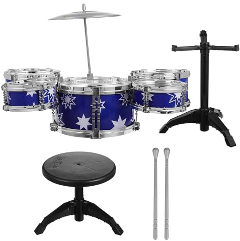 YARNOW Batterie Garçon Fille avec Tambours Bleu Et Tabouret Instruments De Percussion pour Musiciens Herbe Set Musical pour Garçon Fille Créatifs Et Débutants