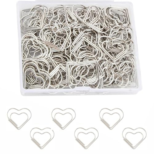 100 Stück Büroklammern Groß Herz Büroklammer aus Metall Herzförmige Paper Clips für Büro Schule Klassenzimmer Dekorative Hochzeiten Postkarten (Silber)