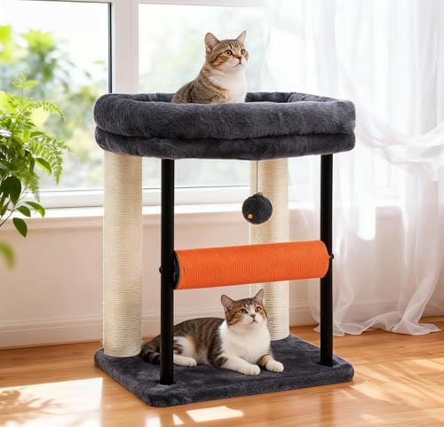 Hey-brother Arbre à Chat, 50 cm Petit Tour de Jeu pour Chats pour Chaton, avec Poteau de sisal Rotatif, Plateforme pelucheuse spacieuse, Poteaux en Corde de Jute et balles Jouets, Gris fumée MPJ010SG