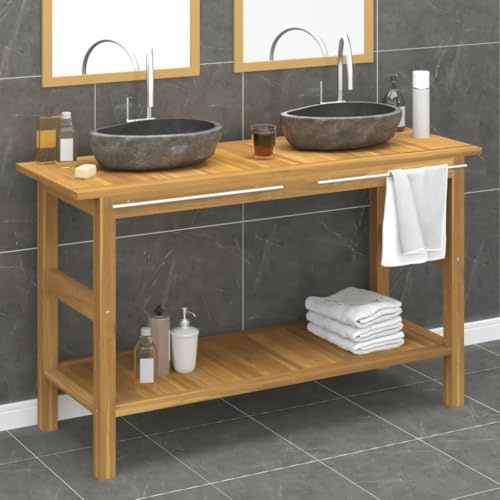QUAHEAS Lavabo con lavabo in pietra di fiume, legno massello teak, 132 x 45 x 75 cm, doppio lavabo, mobili da bagno, mobile da bagno con asta asciugamani, lavandino in pietra naturale