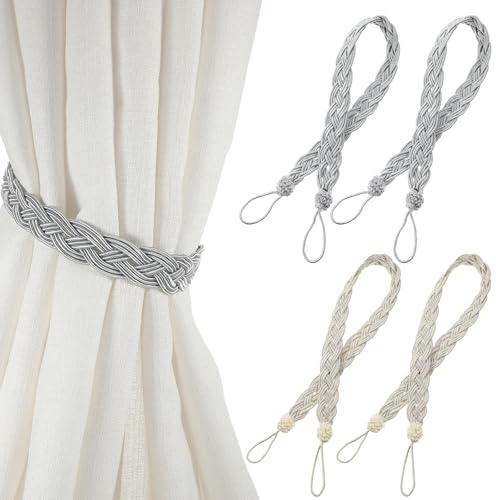 Cobee 4 Stück Vorhang Raffhalter, Gardinenhalter Raffhalter Grau Baumwolle Vorhang Seil Handgestrickte VorhangRaffhalter Boho Für Zuhause Büro Wohnzimmer Schlafzimmer