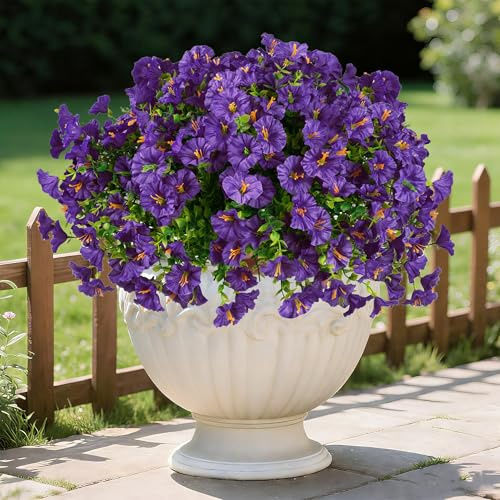 Cekene 16 Pcs Artificial Flowers Outdoor Purple UV-Resistant Fake Flowers Morning Glory with Stems Realistic Faux Plants for Outside Indoor Home Decor Planters Yard Patio Window DIY Wedding Bouquets