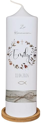 Taufkerze, Kommunionkerze - Emily - für Mädchen und Jungen, mit Blumenkranz Natur Kreuz Herz, Wildblumen, personalisiert mit Name und Datum