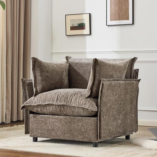 VINGLI 34 Oversized Accent Chair Light Brown Reading Chair Upholstered Armchair Soft Chenille Fabric Living Room Chairs Sofa for Adults Bedroom, Home Office, Play Room