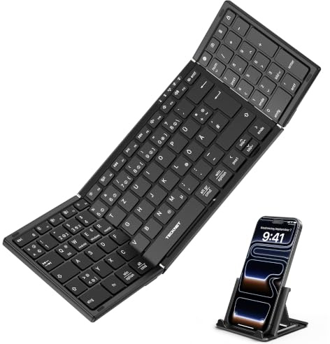 TECKNET Faltbare Bluetooth Tastatur mit Ziffernblock, QWERTZ Deutsches | 99 Tasten, Vollformat‑Design, inkl. Handyständer, 3 Modi (2 BT5.2+2.4G), Tragbares, für iPadOS, Android, Windows, macOS