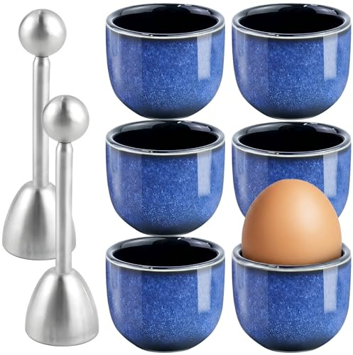BITEFU 6 STK Eierbecher und 2 STK Eierköpfer Set, Hält 300 °C Stand | Blaues Farbverlauf Eierhalter Keramik und Eieröffner Edelstahl für Alle Größen und Arten von Eiern
