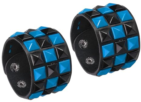 QUARKZMAN 2 Stk Leder Punk Armband 87/22cm Geschichtete Reihe Quadrat Nieten Goth Spike Nieten Armband Verstellbares Handgelenkband Manschette Armreif Für Halloween Emo Grunge Blau