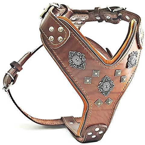 Bestia |Aztec| Leder Brustgeschirr für große Hunde. Bis 145 cm Brustumfang. 100% Leder. Handgefertigt. Top Qualität | Größe L/XL- für einen Brustumfang von 60 cm bis 115 cm, Braun