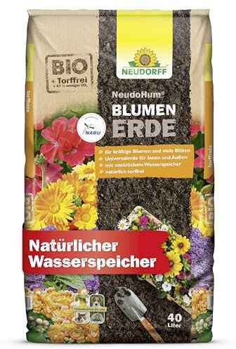 Neudorff NeudoHum BlumenErde – Torffreie Bio Erde, für Innen und Außen, fördert kräftige Blumen und viele Blüten, 40 Liter