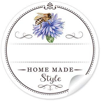 48 STICKER: Home Made Style 48 Schöne Honigetiketten für die Küche in weiß mit Biene auf Kornblume: mit Freitextfeld für die Honig Sorte (A4 Bogen) • Etiketten im Format 4 cm, rund, matt für Imker