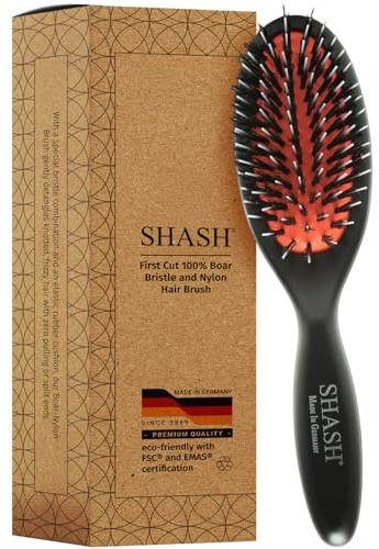 SHASH Seit 1869 Handgefertigt in Deutschland Nylon-Bürste mit Wildschweinborsten | für Normales bis Dickes Haar - Entwirrt Sanft, Kein Ziehen oder Spliss - Verbessert Haar Textur
