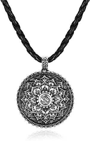 PiercingJak Blume des Lebens Kette Mandala OM Lotus mit Geflochtene Lederkette Legierung Lotusblume Lebensblume Anhänger Vintage Halskette Nordischer Schmuck Amulett für Damen Herren