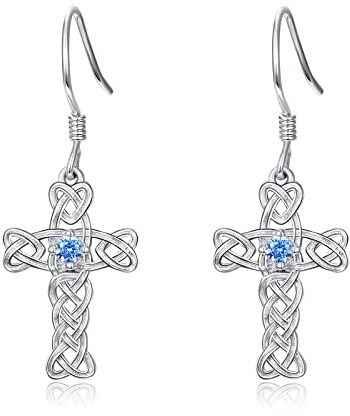 Keltiskt kors droppe örhängen 925 sterling silver blå födelsesten keltisk knut vridning hängande örhänge vintage irländsk oändlighet kärlek smycken gåva för kvinnor flickor tonåringar, Sterlingsilver