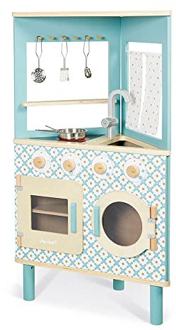 Janod - Trio Holzküche - Kompakte 3-seitige Küche - Küche und Essgeschirr Rollenspielzeug - Retro-Stil - 5 Metallutensilien - Farbe auf Wasserbasis - Ab 3 Jahre, J06546