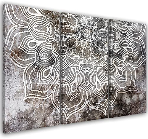 Feeby 3-teilig Vlies Leinwandbild XXL 120x80 cm Mandala Verzierung Orientalisch Wandbild Kunst Bilder Schlafzimmer Deko Wohnzimmer Abstraktion Geometrisches Motiv Grau