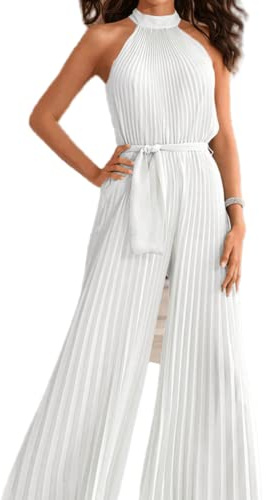 XinCDD Tuta con Pantaloni Lungo tuta plissettata con scollo all'americana Cerimonia da Donna Elegante Casual Party (S, Bianco)