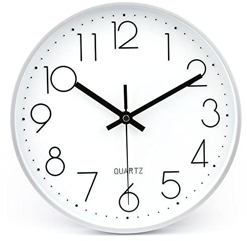 jomparis 10 Inch Silver Wall Clock Battery Operated Silent & Non-Ticking Wall Clock for Home Office Bathroom