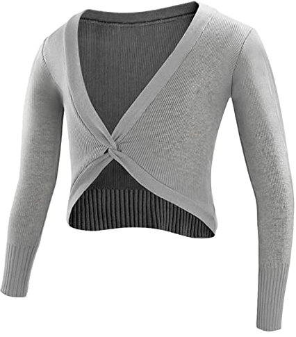 inhzoy Kinder Mädchen Ballett Wickeljacke Lange Ärmel Wärmende Gymnastik Tanz Ballettjacke Wickeltops Pullover Grau 158-164/13-14 Jahre