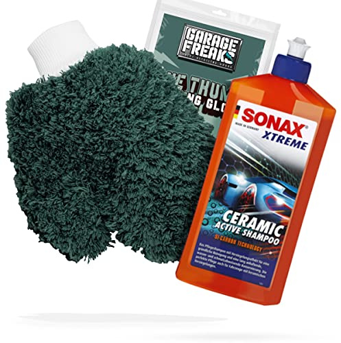 detailmate Autowäsche Bundle - Autoshampoo SONAX Xtreme Ceramic Active Shampoo 0,5L + Garage Freaks One Thumb Washing Glove - Autopflege Set mit Waschhandschuh und Auto Shampoo