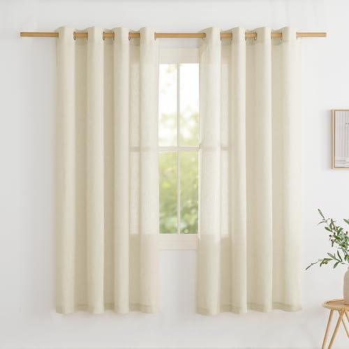 PONY DANCE 55x63-Inch Linen Curtains for Bedroom, Eyelet Top Natural Flax Sheer Curtains Light Filtering & Privacy Protected for Apartment Dormitory Decoration, Set of 2, Natural