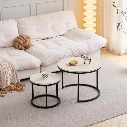 HJhomeheart Runde Satztische 2er Set, Couchtische, Groß: 60 x 60 x 45 cm, Klein: 40 x 40 x 35 cm, Eichenmaserung