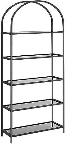 VASAGLE Regal, Bücherregal 5 Ebenen, Standregal aus Hartglas, Aufbewahrungsregal, bogenförmig, Metallstruktur, für Wohnzimmer Schlafzimmer Arbeitszimmer Bad, schwarz-grau LGT050G01