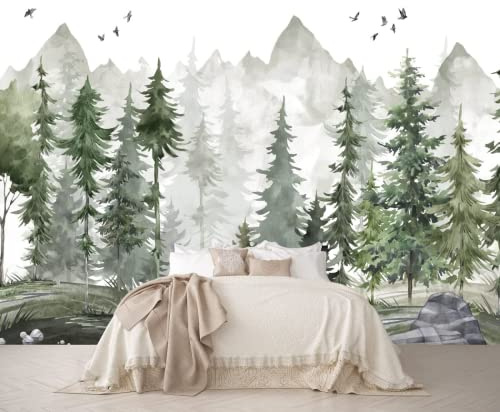 Papier Peint Panoramique Aquarelle Montagnes Pins Moderne Papier Peint 3D Intissé Décoration Murale
