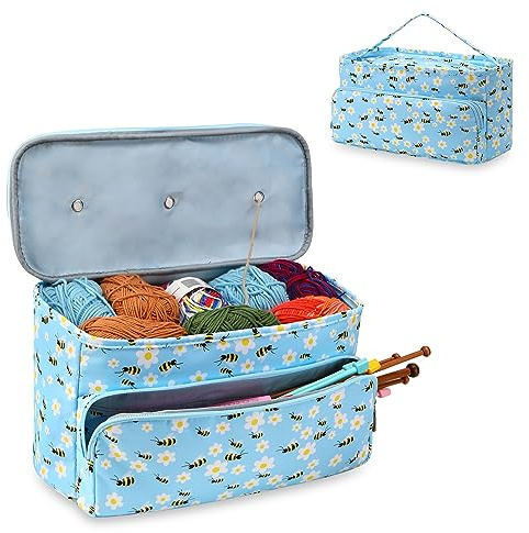 JOZEA Stricktasche Aufbewahrung, Aufbewahrungstasche für Wolle Tangle Free mit 3 Ösen, Stricken Projekt Tasche und Totes Veranstalter große Stricktasche für Strickprojekte und Zubehör（Blau）