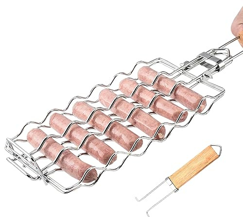Wurstgrillkorb Edelstahl BBQ 6 Hot Dog Grillrost mit abnehmbarem Holzgriff Tragbares Grillzubehör