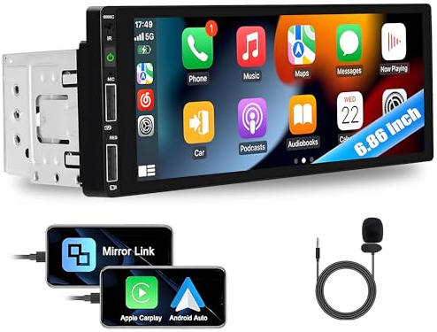 CAMECHO Autoradio 1 Din CarPlay mit 6.9 Zoll Bildschirm Android Auto Radio Touch Display mit Bluetooth Freisprecheinrichtung Mirror Link FM Radio 3 USB Ports SWC Externes Mikrofon
