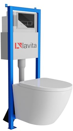 Lavita LAV 101 Vorwandelement für WC 40cm + Wand Hänge Tiefspül WC SOFI Weiß Spülrandlos + Bedienplatte LAV 200.3.2 Verchromt + WC Absenkautomatik Sitz Set Unterputz Spülkasten Komplett Sett WC