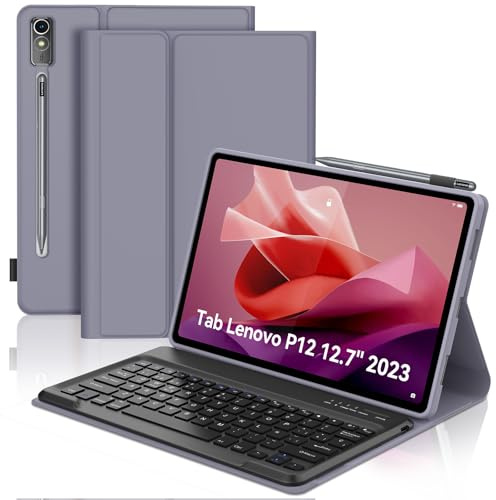 SENGBIRCH Funda con Teclado para Lenovo Tab P12 12.7, Teclado Español Ñ Bluetooth Inalámbrico Desmontable para Lenovo P12 Tablet 2023 12.7 TB370FU, Lavanda
