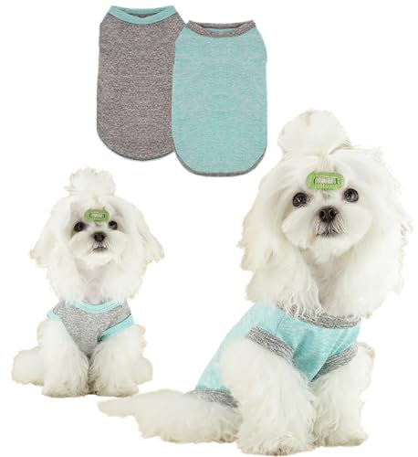 TOPSOSO 2 Stück Hunde Tshirt Schnell Trocknend Atmungsaktiv Bequem Katzen Kleidung Hund Sommer Shirt Niedlich Mode Chihuahua Kleidung Geeignet für kleine bis mittelgroße Hunde Katzen Grau und Grün S