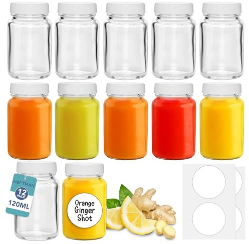 HEFTMAN Glass Shot Bottles with Lids - 12 Pack 120ml Empty Mini Bottles for Ginger Shots with Cleaning Brush & Labels - Reusable, Clear, Airtight - Ideal for Juice, Oils, Sauces, Medicine