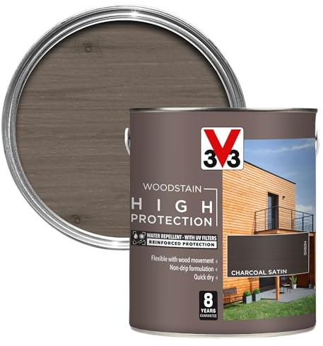 V33 High Protection Woodstain for Exterior Wood, Charcoal Grey, 2.5L | 8-year guarantee, Water-repellent & microporous, Two-coat application, Quick-drying, Non-drip formula