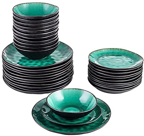 QUSYZD Set di stoviglie Set di stoviglie in Ceramica Verde da 36 Pezzi in gres porcellanato dall'aspetto Vintage con Piatto Piano da 12 *, Piatto da Dessert, Set di stoviglie in,