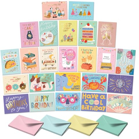S&O Box med födelsedagskort med kuvert – bulk 24 unika Happy Day-anteckningar – färgglad födelsedagsdekor bulk för kontor och hem – blandade festkort med kuvert – 10 x 14 cm