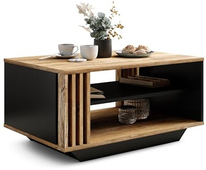 Viosimc Couchtisch, Wohnzimmertisch mit modernen Lamellen, moderner und stilvoller rechteckiger Kaffeetisch mit Ablage, stilvolle Ergänzung für jedes Wohnzimmer – Retro Holz & Schwarz
