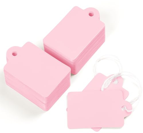 Uniclife 200 cartellini per prezzi con cordino, 2,5 cm, scrivibile, rosa, per appendere i prezzi, gioielli, etichette per display, etichette di carta, 3,5 x 2,2 cm