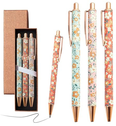 Belegao 3PCS Floral Ballpoint Pens with Box - Metal Flower Art Ball Point Pens Fancy Vintage Rose Retractable 1.0mm Smooth Writing for Women Mother Teachers Birthday Thanksgiving Gifts, Home Office