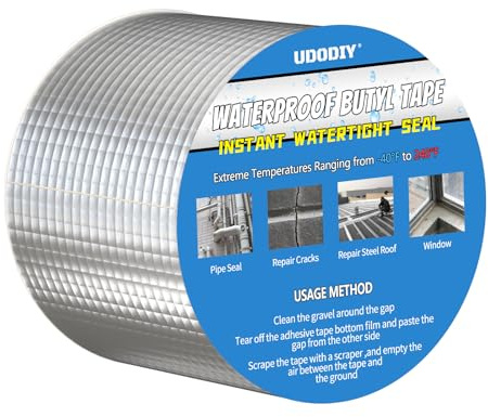 UDODIY Butyl Tape Waterproof Tape Aluminum Foil Tape, Butyl Sealant Tape for RV Repair, Roof Patching, Boat Sealing, Leaking Pipes, Window, Silicone and Glass-Repair Tape Indoor/Outdoor, 10cm x 5m