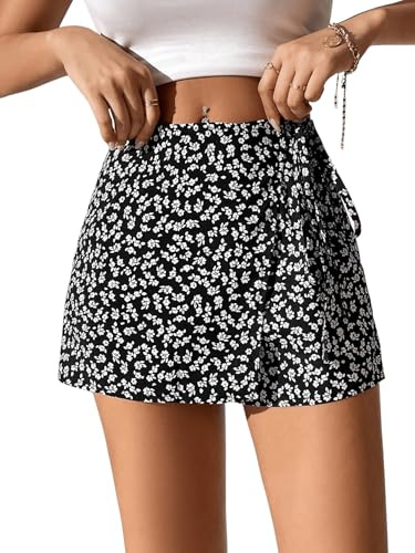 GORGLITTER Byxkjol dam, kort, sommarkjol med byxor, runter, minikjol, omlottkjol, blomkjol, sommarkjol, boho, Skort, fritidskjol, svart, S