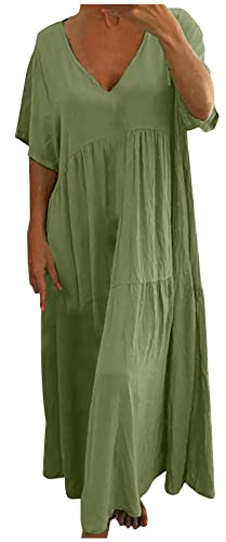 RLEHJN Robe Été Femme Fluide Midi-Robe Élégante Ample Robes Col en V Ete Robes Rétro Mini Dress Lâche Unie Boho Ete Mi-Longue pour Fêter Dress De Plage Vacances Offre Flash du Jour