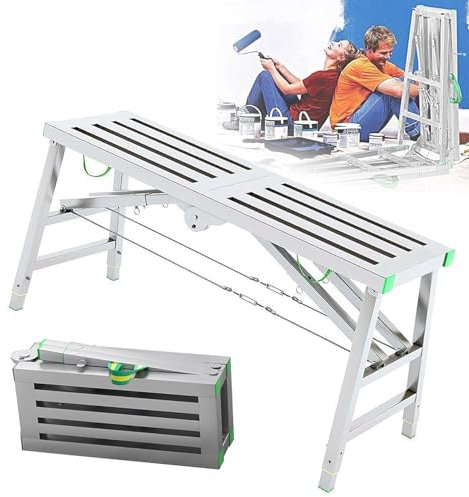 Verstellbares Gerüst, Plattformleiter, tragbar, zusammenklappbar, mit rutschfesten Füßen, 400 kg Tragkraft, verzinkter Stahl, höhenverstellbar, 37 cm x 160 cm, für sicheres Arbeiten zu Hause und im
