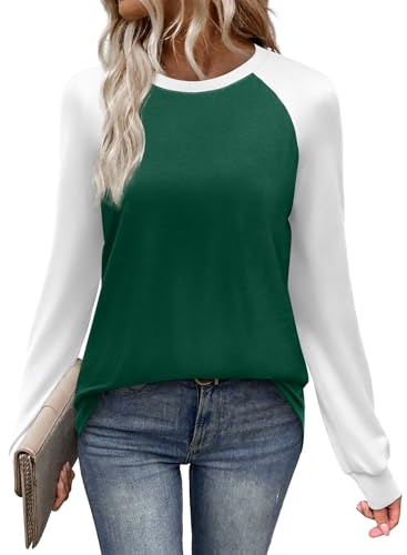 WIHOLL Women's Long Sleeve Block T Shirt For Women Crew Neck Ladies Tops Tunic Shirts Size 14-16 Green